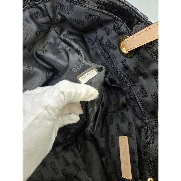 Michael Kors Black Patent Leather Shoulder Tote Bag MK Charm Gold Hardware - Picture 10 of 12